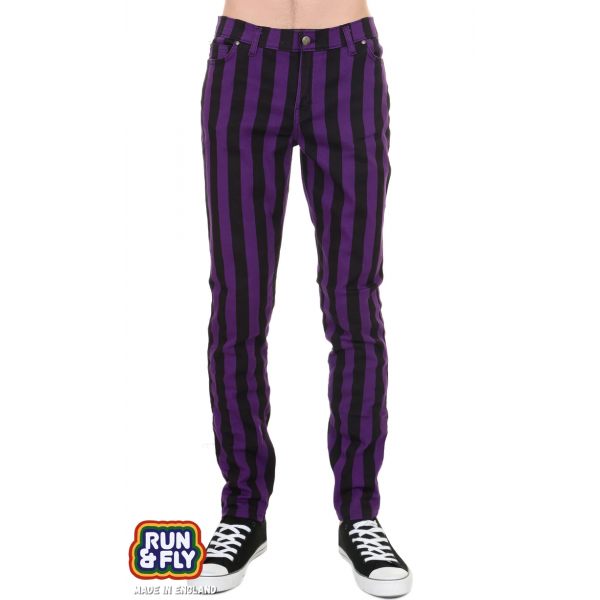 Run and Fly -  Unisex Indie Mod 60s Retro Black & Purple Striped Skinny Jeans